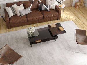 Table basse rectangulaire avec plateau en céramique acier colle sur verre