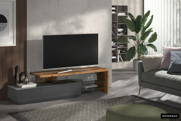Meuble tv couleurs gris mat et noyer dimensions 180x40x45 cm