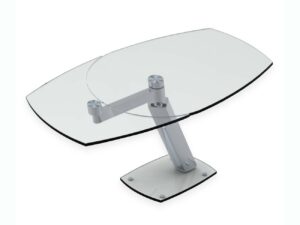 Table en verre avec rallonge. La table est en verre transparent et le pied est en acier chromé