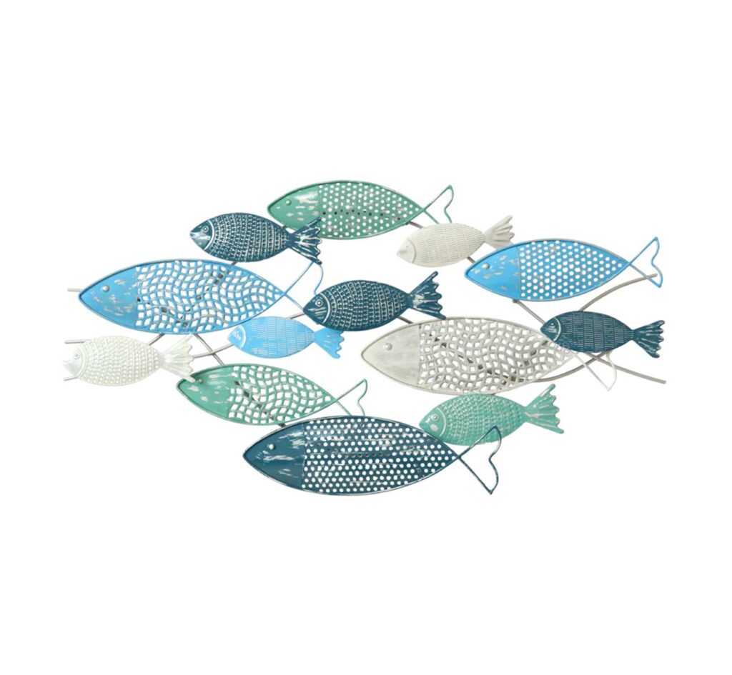 Grand Poisson en métal Décoration Murale École de Poisson Art Mural Moderne Décoration Suspendue Grappe colorée 3D de Poissons Sculptures murales pour extérieur/intérieur,D