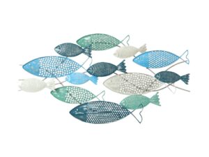 Sculpture en métal représentant des poissons bleus et verts