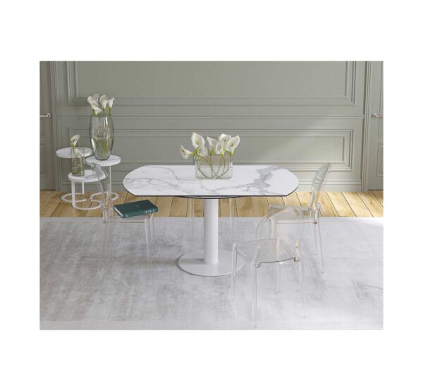 Table céramique marbre avec pied acier blanc mat
