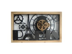 Horloge à engrenage dans un cadre en bois. silhouette Paris tour Eiffel