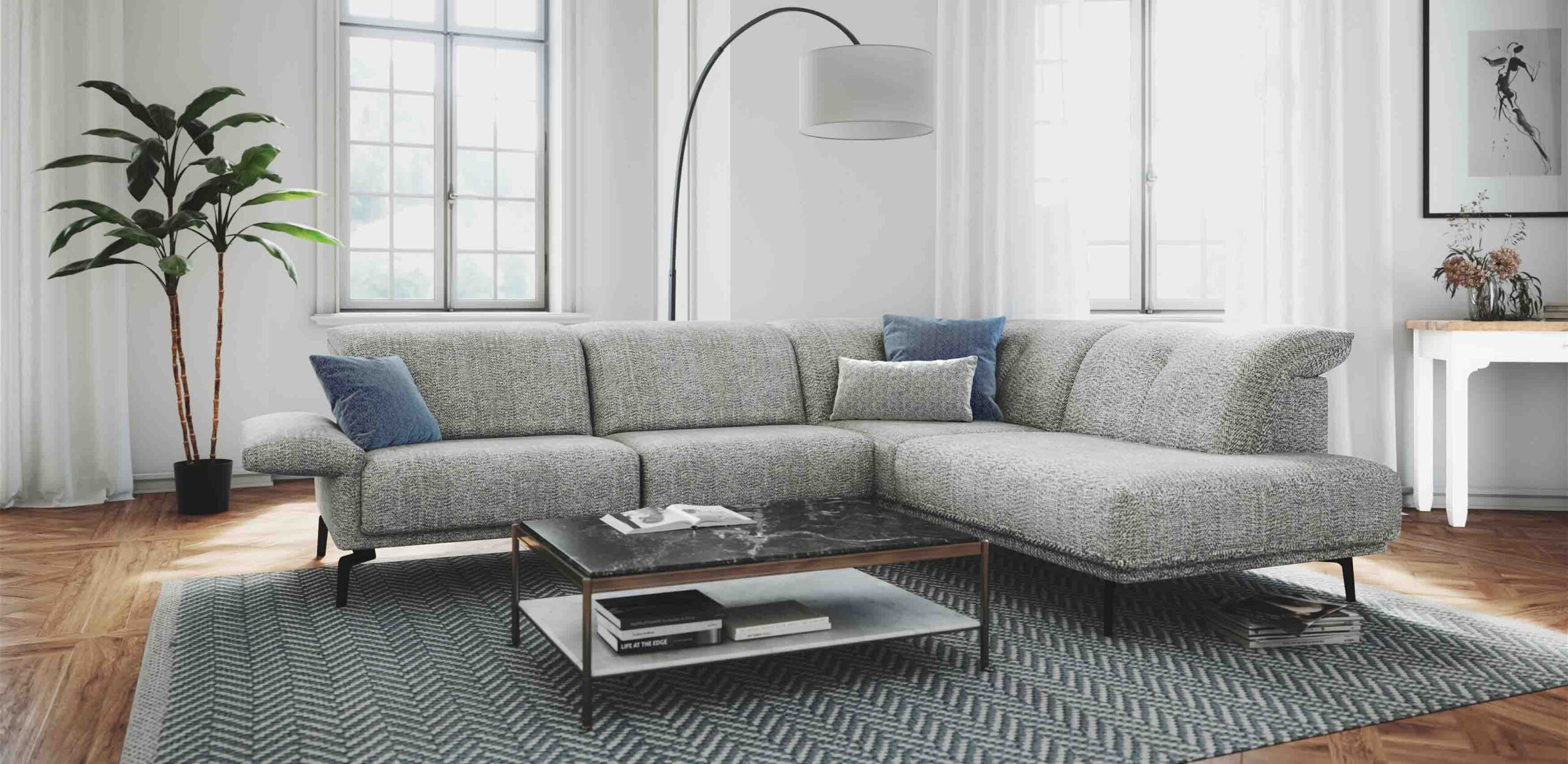 Fauteuil en tissu gris, banner d'article