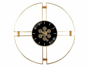 Horloge avec des engrenages fond noir et cadre doré