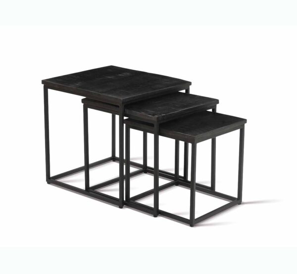 3 petites tables basses gigognes avec pied métallique et plateau en manguier noir