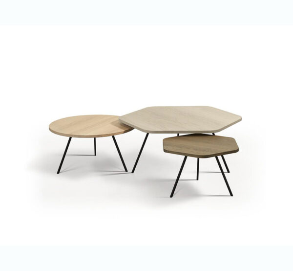 Ensemble de 3 tables basses en chêne massif avec pieds métalliques noirs
