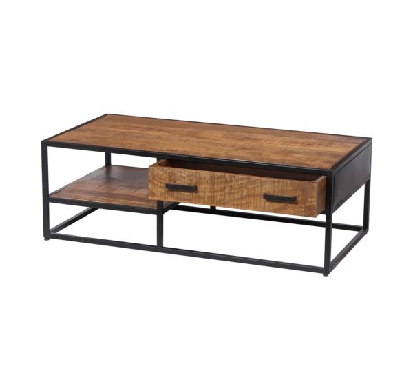 Table basse de 120 cm en bois de manguier avec niche et grand tiroir