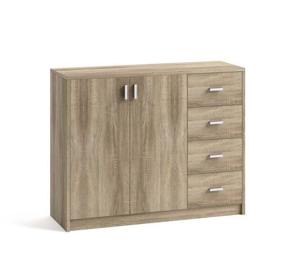 Petite commode de 86 cm de hauteur avec 2 portes et 4 tiroirs. Pratique. Couleur sonoma