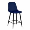 Tabourets de bar en velours bleu foncé. Pieds fixe en métal noir mat