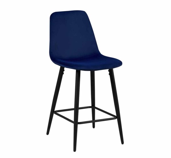 Tabourets de bar en velours bleu foncé. Pieds fixe en métal noir mat