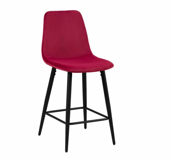 Tabouret de bar en velours de couleur rouge. Hauteur 66 cm . 4 pieds fixes et un repose-pieds Chaise de comptoir BOY